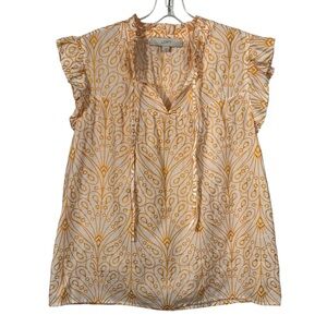 LOFT Orange Embroidered Paisley Printed Ruffle Sleeve Tassel Tie Top Small S